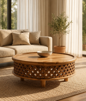 Wooden Handmade Round Mango Wood Coffee Table: Lattice Carved Boho Decor christmas gift