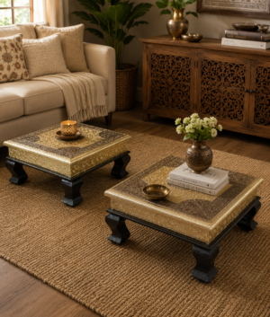Wooden Pooja Bajot, Handmade Walnut Gold Brass Fitted Chowki, Pooja Stool, Home Decor Art