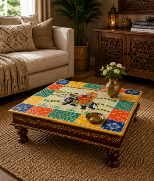 Wooden Pooja Bajot, Handmade Embossed Painting Chowki, Pooja Stool, Indian Handicraft Home Decor Art