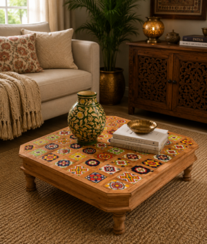Wooden Pooja Bajot, Handmade Tiles Chowki, Pooja Stool, Indian Handicraft Home Decor Art