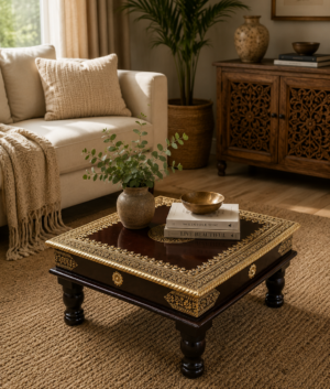 Wooden Pooja Bajot, Handmade Walnut Chowki, Gold Brass Fitted, Pooja Stool, Home Decor Art
