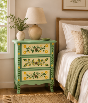 Wooden Bedside Table, Storage Table, 3-Drawer Chest, Jewellery Box, Sideboard, Hand-Painted Green Leaf Design