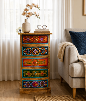 Wooden Hand-Painted Bedside Table, Nightstand Cabinet, Boho Floral Drawer Storage, Farmhouse Home Decor
