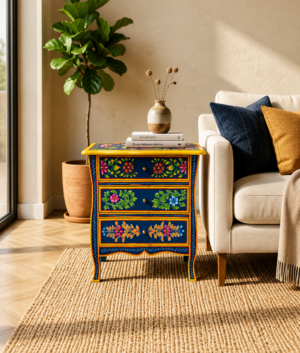 Wooden Hand-Painted Bedside Table, Nightstand, Jewellery Box, Boho Drawer Chest, Floral Accent Cabinet, Furniture