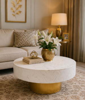 Bone Inlay Coffee Table: Wooden Stripped End Table, Art Decor