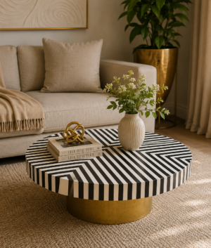 Wooden Coffee Table: Bone Inlay Stripped Design, Art Decor