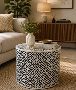 Bone Inlay Coffee Table: Handmade Indian Round Side Table