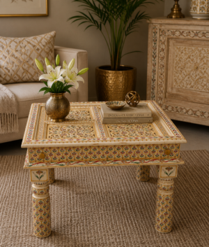 Bone Inlay Coffee Table: Handmade Indian Art, Embossed Square Design