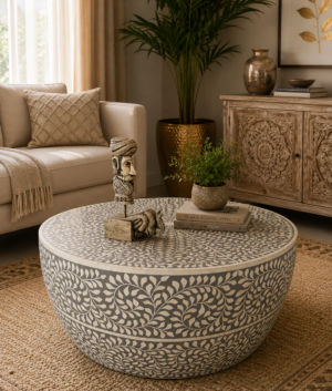 Bone Inlay Round Coffee Table: Wooden Side Table, Art Decor