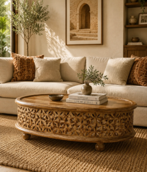 Handmade Carved Wood Coffee Table: Oval Tribal Home Decor