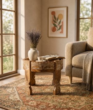Handmade Carved Wooden Chakki Table: Distressed natural White Grinder Boho Plant Stand Christmas Gift