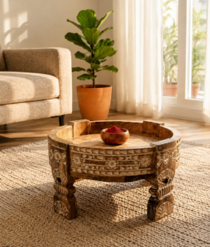 Handmade Carved Wooden Chakki Table: Distressed natural White Grinder Boho Plant Stand Christmas Gift