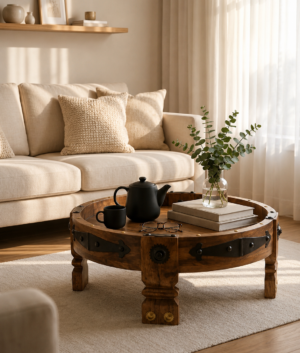 Handmade Wooden Carved Wood Coffee Table: Rustic Iron Accents Round Natural Handcrafted Chakki Table