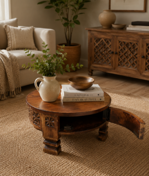 Handmade Carved Wood Coffee Table: Round Indian Chakki Grinder Table