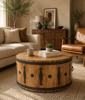 Wooden Rustic Coffee Table Round Drum Handmade Farmhouse Cocktail Table, Boho Living Room Center Table with Iron Hardware Accent Decor Piece