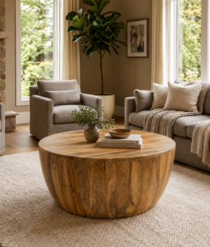 Wooden Handcrafted Round Cocktail Drum Coffee Table: Indian Chic Home Decor Indian Art