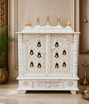 Handcrafted Wooden Temple Mandir: White & Gold Pooja Ghar with Hanging Bells
