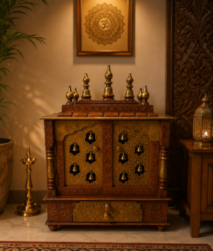 Wooden Temple Mandir Copper Gold Embossed Work Handcrafted Pooja Ghar Mandap, Worship Wall Decor