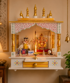 Handcrafted Wooden Temple Mandir: White & Gold Embossed Pooja Ghar