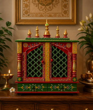 Handcrafted Wooden Temple: Red & Green Wall Hanging Mandir